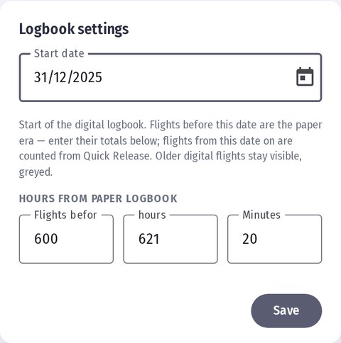 Logbook settings: start date and pre-digital flights and hours